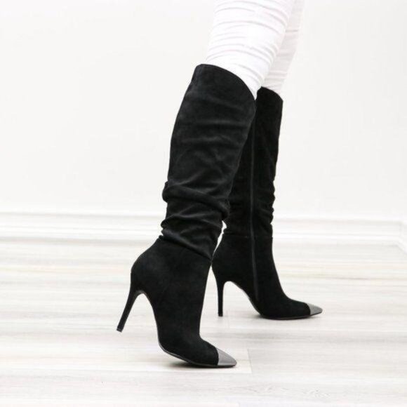 Pointy Toe Below The Knee Black Boots Faux Suede - Picture 6 of 16